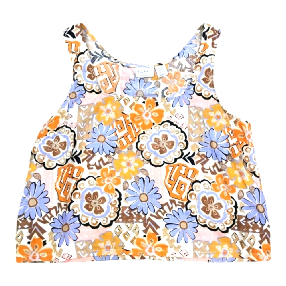 NWT Nicole Miller 100% Linen Boho Floral Crop Tank  Coastal Cottage LARGE